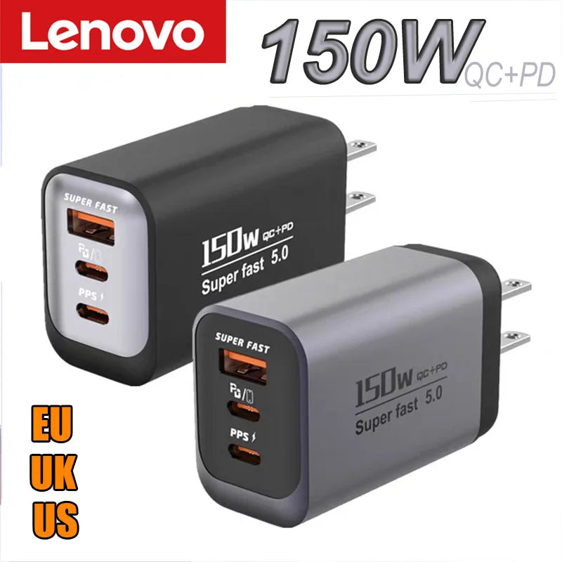 A Lenovo 150W QC+PD fast wall charger shown in black and silver colors.