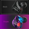 A pair of KZ Dynamic Driver wired headphones shown in black and purple colors.