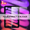 Two tempered glass screen protectors for iPad Mini 7 and 6, showing the product packaging and application.
