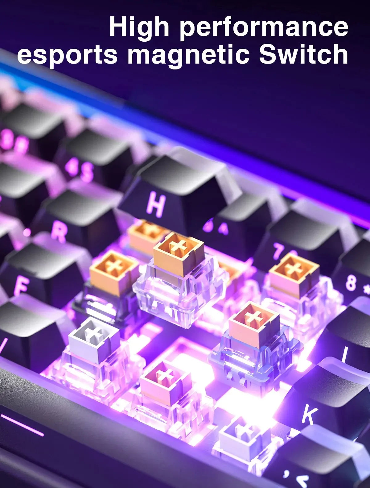 Close-up of a mechanical keyboard showing illuminated purple and pink switches for high performance esports use