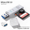White USB 3.0 SD/TF 2-in-1 card reader with an included flash drive and storage cards.