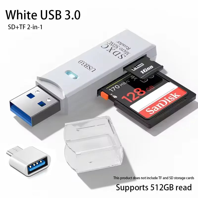 White USB 3.0 SD and TF 2-in-1 card reader with a removable adapter.