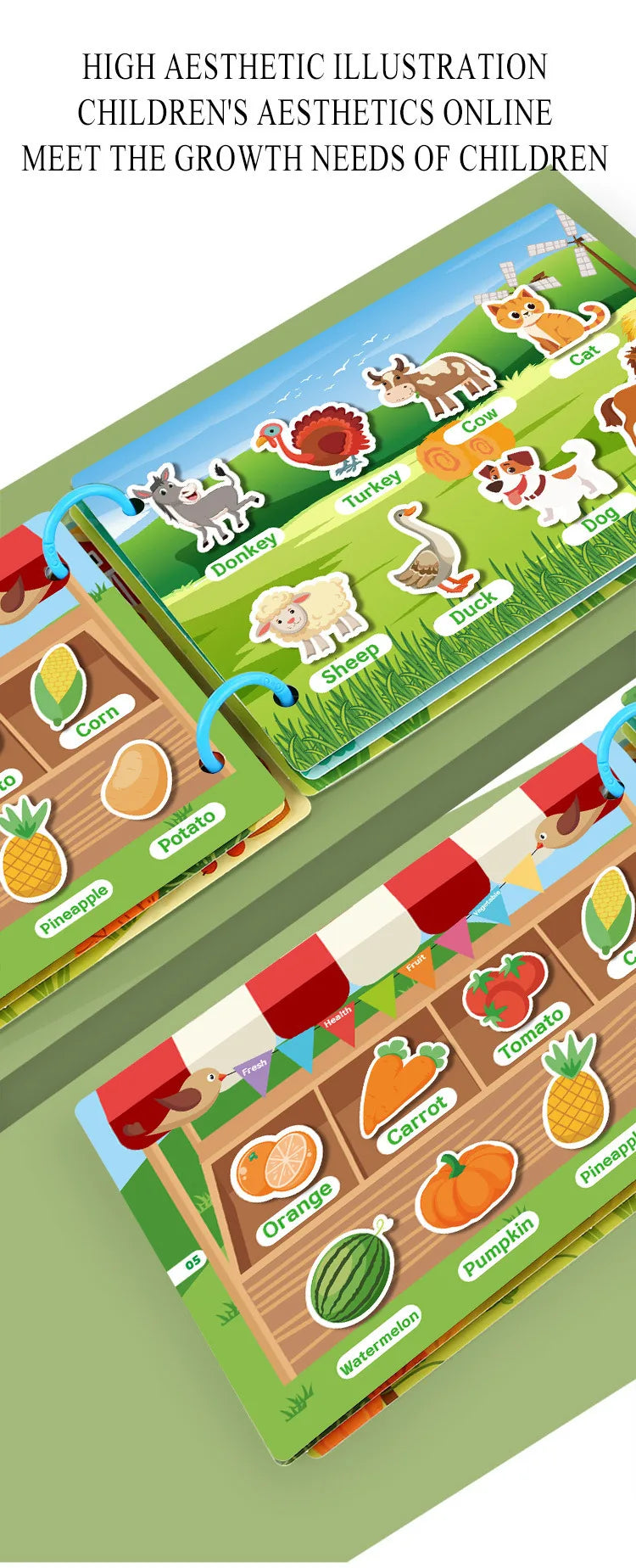 A colorful illustration book featuring farm animals and vegetables for children's aesthetic learning.