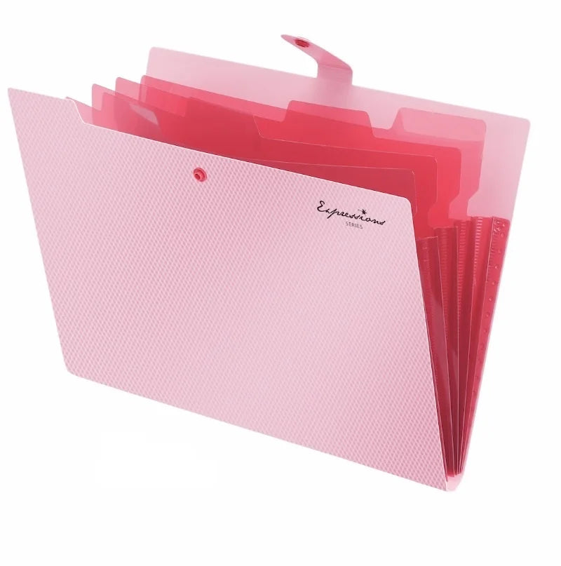 A pink A4 document accordion folder with a snap button.