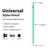A green stylus pencil shown next to icons representing various operating systems like Windows, iOS, and Android.