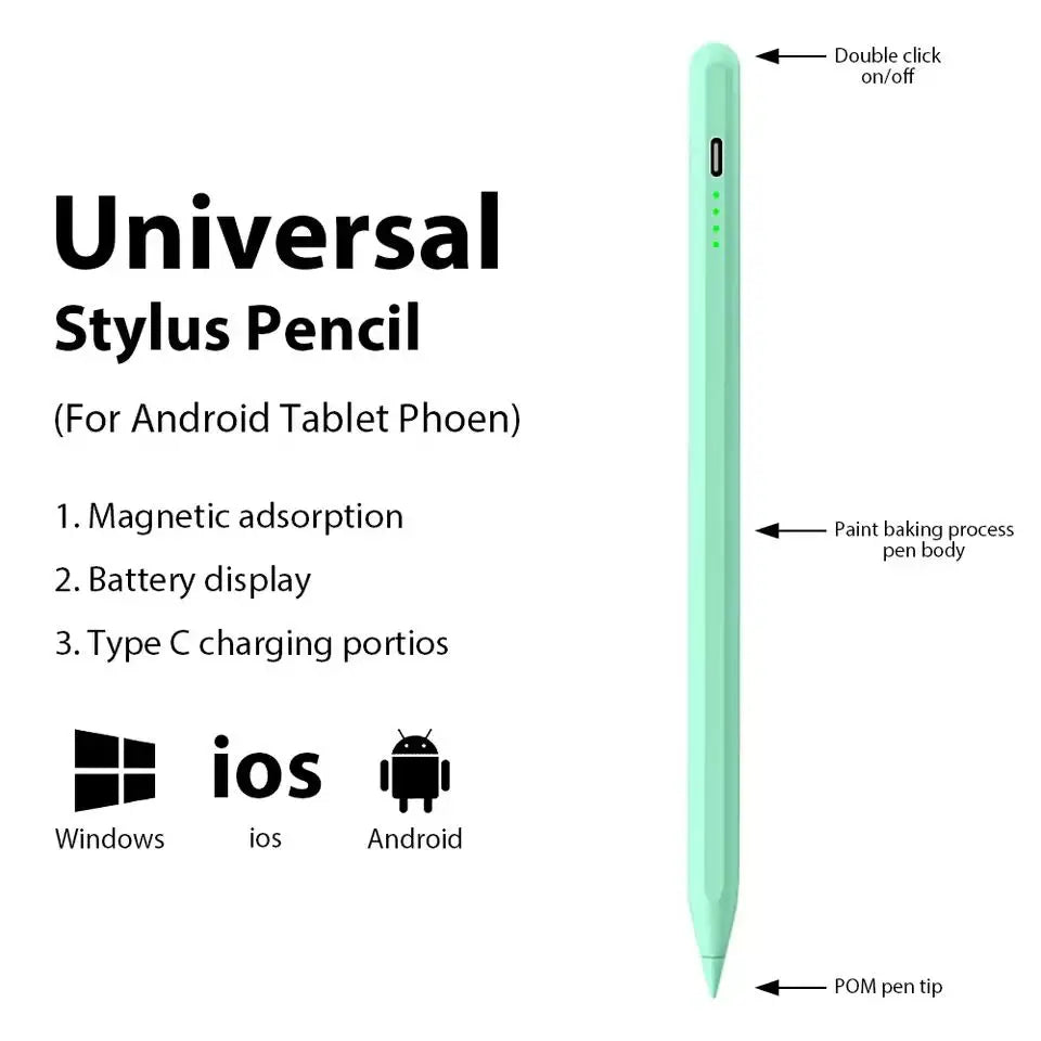A green stylus pencil shown next to icons representing various operating systems like Windows, iOS, and Android.