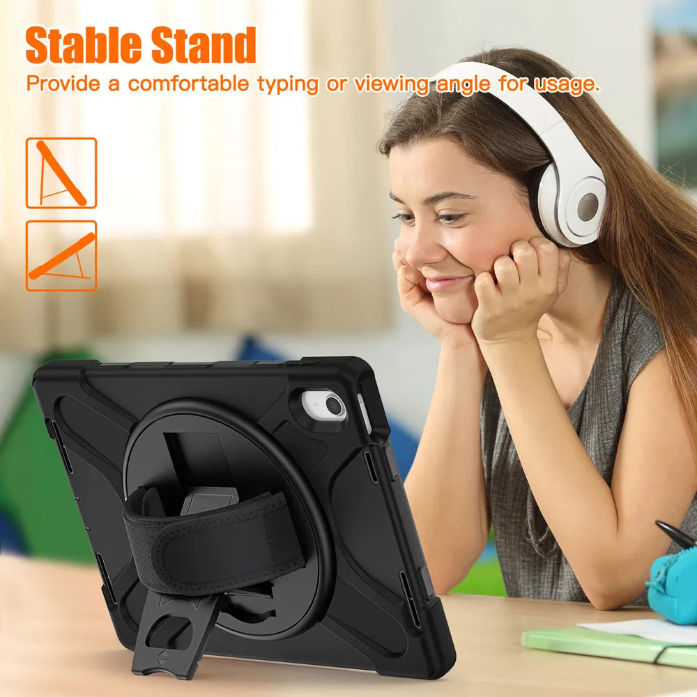 A woman is using a universal shockproof silicone case for an iPad on a table.