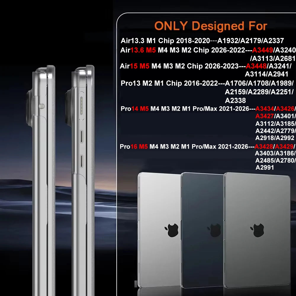 Slim protective cases for MacBook Pro and Air devices shown in silver and dark gray colors.