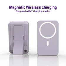 Batería portátil magnética inalámbrica morada con luz indicadora circular de carga.