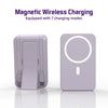 A purple portable magnetic wireless charging power bank with a circular charging indicator light.