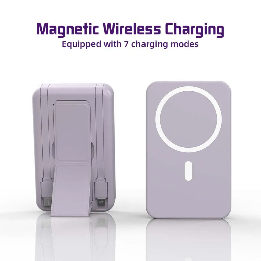 A purple portable magnetic wireless charging power bank with a circular charging indicator light.