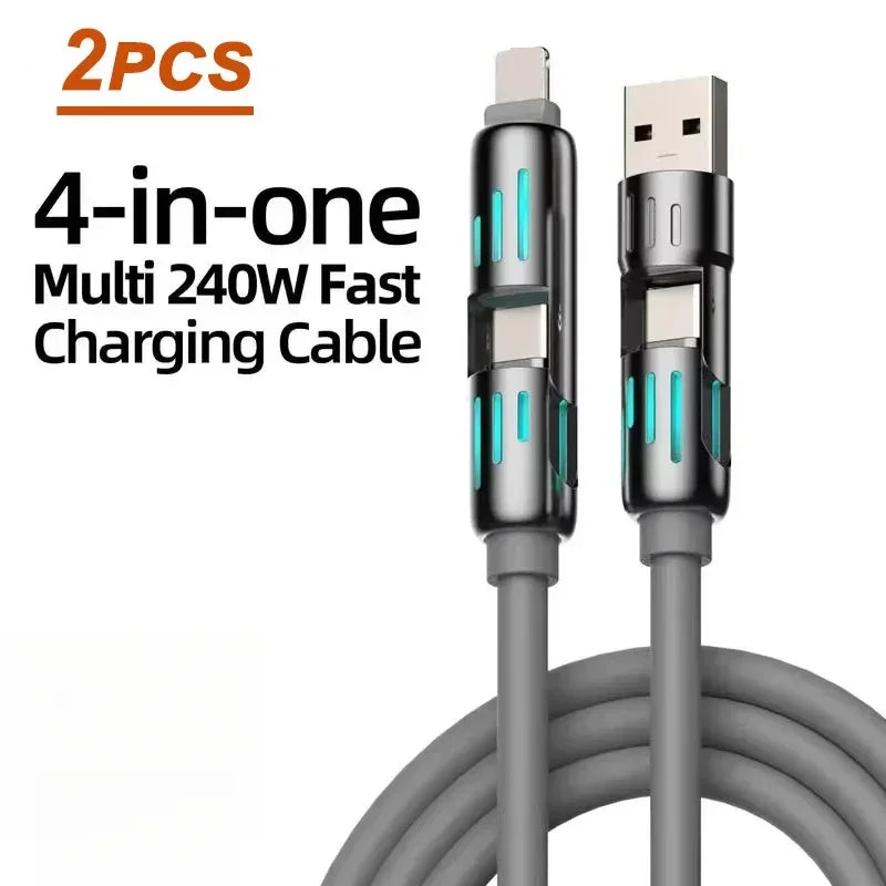 Zwei 4-in-1 Multifunktions-USB-C-Ladekabel mit quadratischen Steckern und grauen Kabeln.
