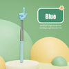 Blue telescopic teaching pointer with a finger shape, showing shrinkage and unfolding lengths.