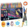 A set of 48 dual tip glitter acrylic paint markers in various colors, along with decorative stickers and a brush pen.