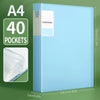 A light blue A4 clear book folder with 40 pockets shown next to its dimensions.