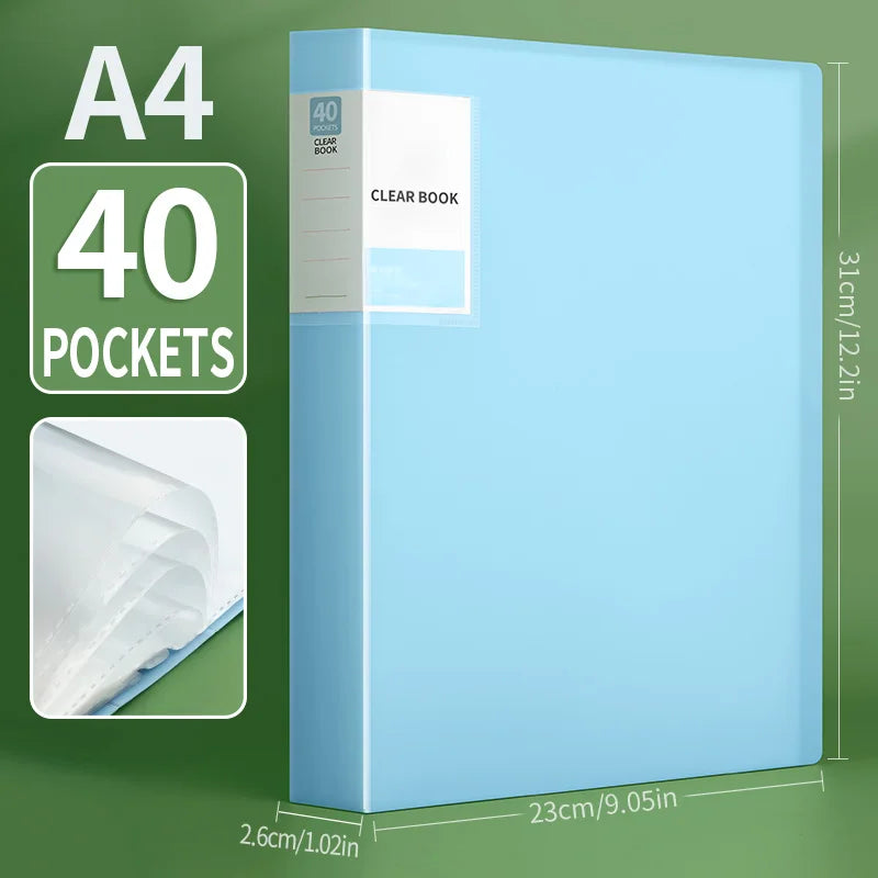 A light blue A4 clear book folder with 40 pockets shown next to its dimensions.