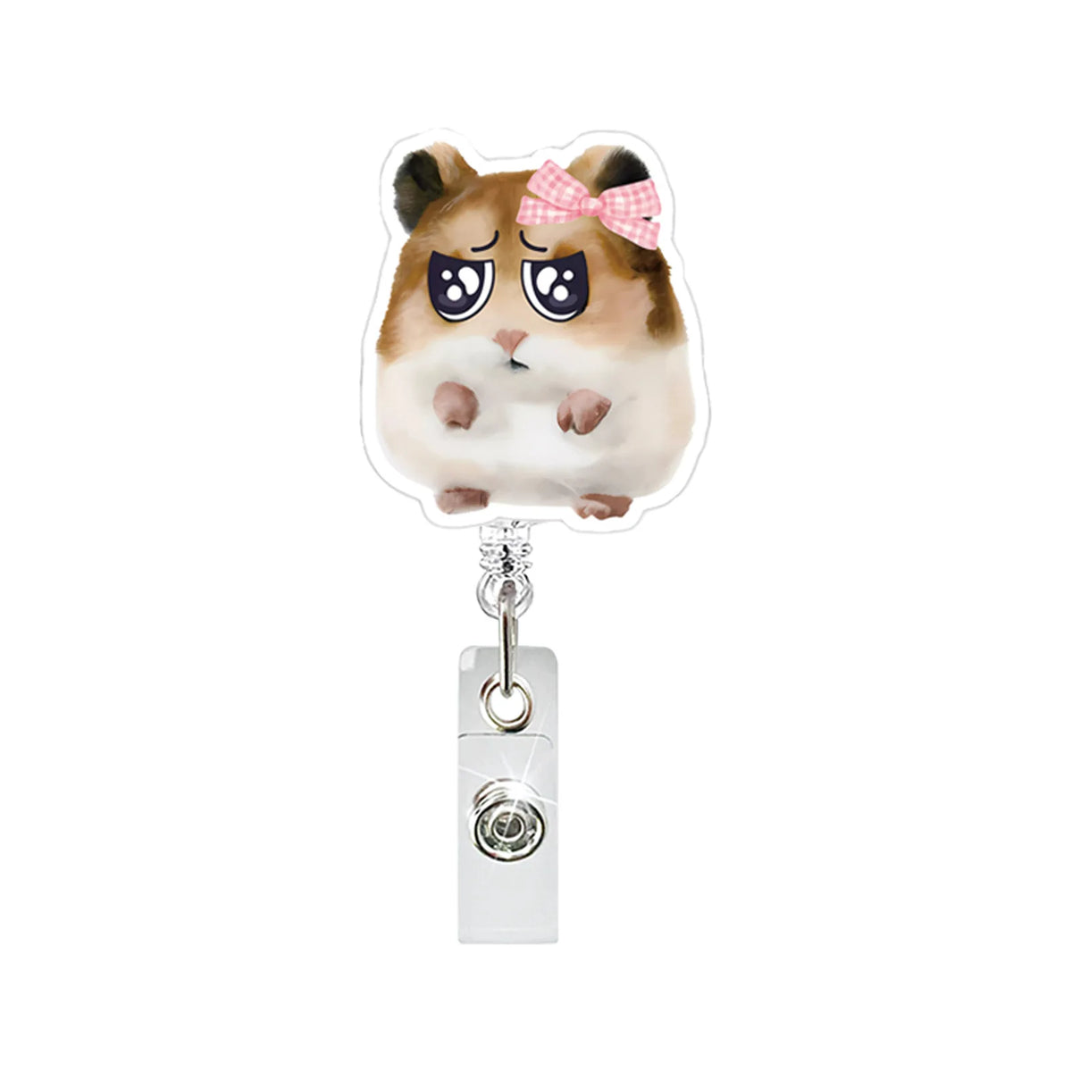 A cute brown hamster with pink bow eyes is attached to an acrylic badge reel.