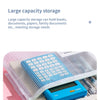 A blue waterproof mesh zipper pouch is shown holding various documents and books on a pink background.