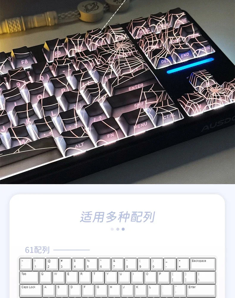 A close-up view of a black mechanical keyboard with translucent keycaps featuring a glowing geometric pattern.