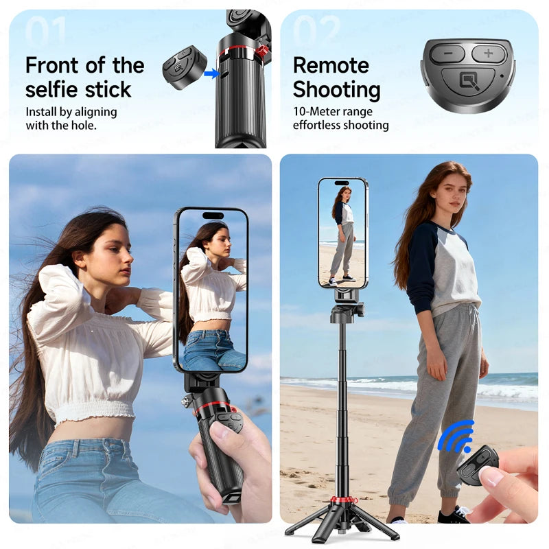 A magnetic selfie stick tripod is shown being used to take a photo of a woman, demonstrating remote shooting capability.
