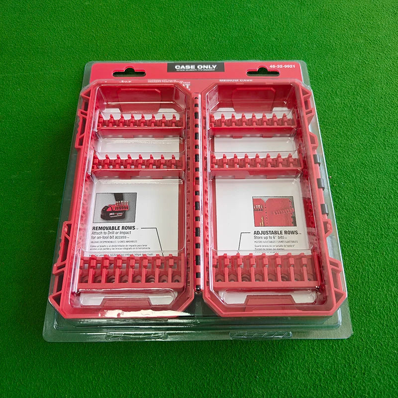 A clear plastic case containing multiple rows of red impact driver accessories for storage.