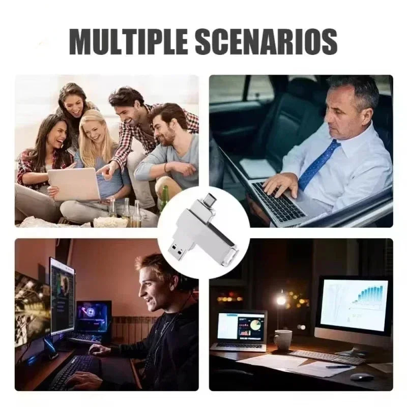 A collection of images showing various scenarios and close-ups of a high-speed metal USB 3.2 flash drive being used on laptop