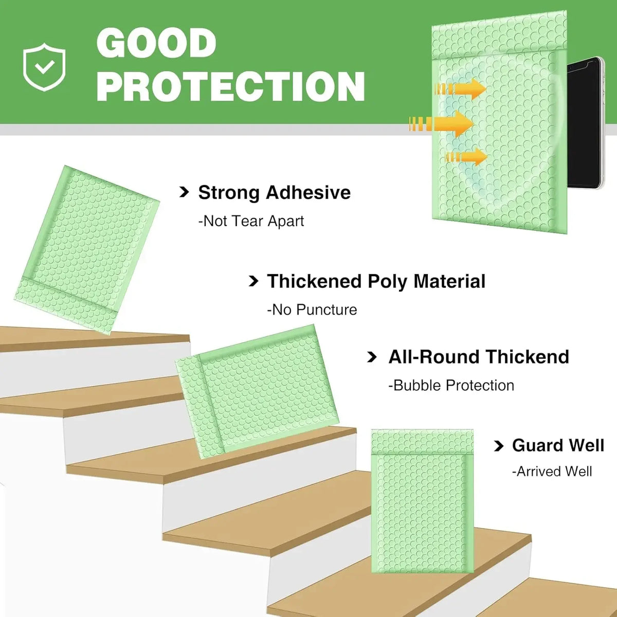 Grüne wiederverwendbare Polybeutel zur Verpackung eines Gegenstands auf Holztreppen.