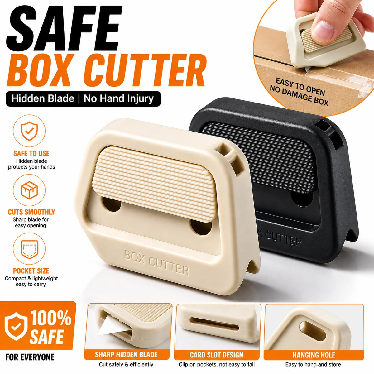 A beige box cutter tool shown with a hidden blade and card slot design, demonstrating its safe use.