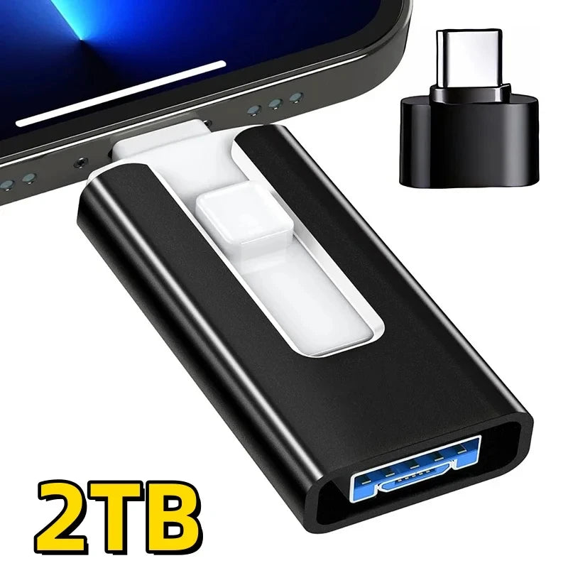 Adaptateur de clé USB noire avec connecteur blanc et fiche métallique à côté d'un smartphone.