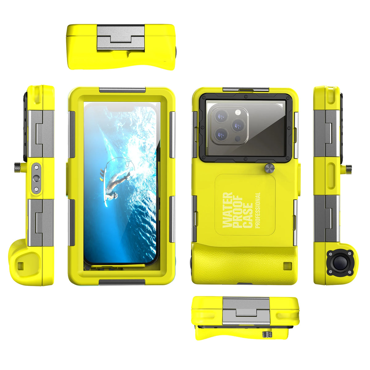 A yellow universal waterproof phone case shown in various forms, including a full case and a half case.