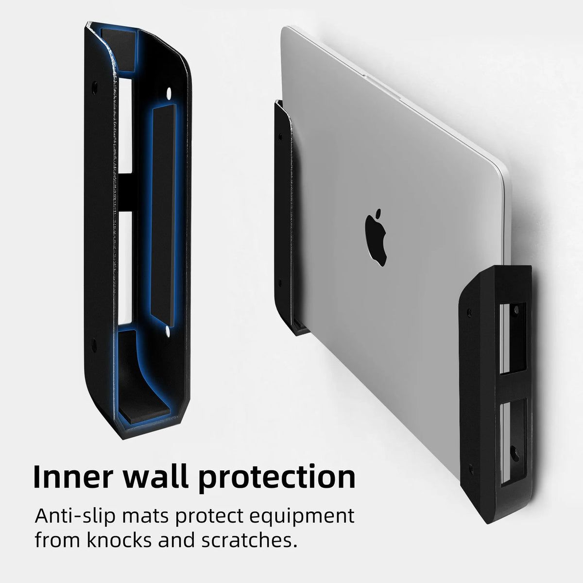 An under-desk laptop mount showing an inner wall protection design for a silver laptop.