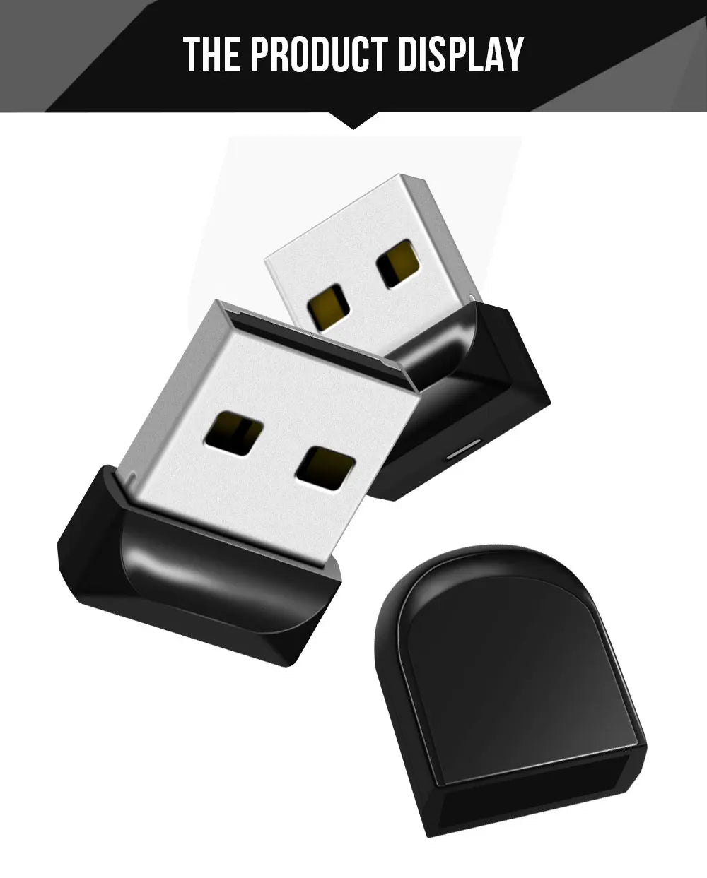 Eine Anzeige, die einen silbernen USB-Stick und eine schwarze Aufbewahrungsbox zeigt.
