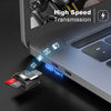 A close-up of a Type-C to Micro-SD card reader being plugged into a laptop port, highlighting high-speed transmission.