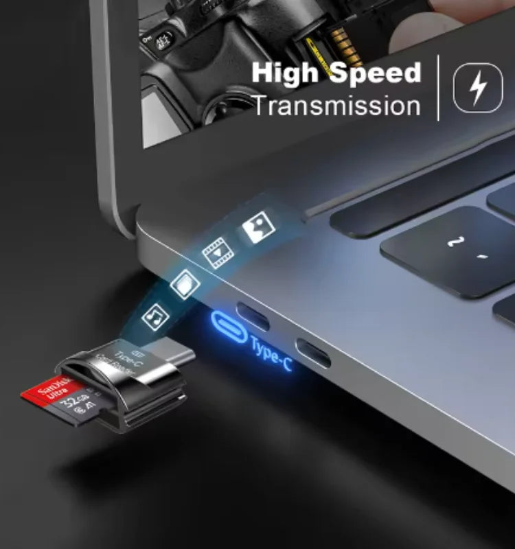A close-up of a Type-C to Micro-SD card reader being plugged into a laptop port, highlighting high-speed transmission.