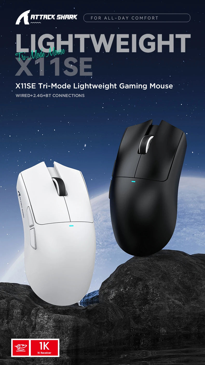 A white and black Attack Shark X11SE tri-mode lightweight gaming mouse is shown against a dark, rocky background.