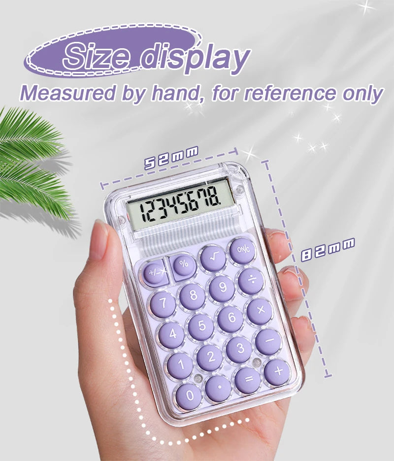 A hand holds a clear mini silent calculator displaying the number 12345678 on a gray background.