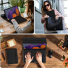 Hands are typing on a black detachable wireless keyboard folio case for an iPad.
