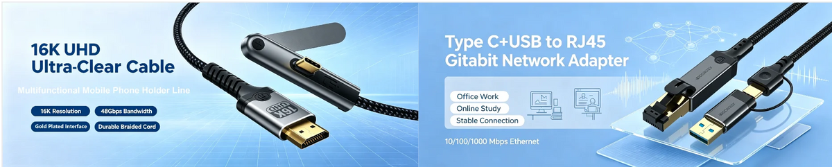 محول شبكة جيجابت من Type-C إلى RJ45 موصول بكابل، يوضح حلاً شبكيًا فعالاً.