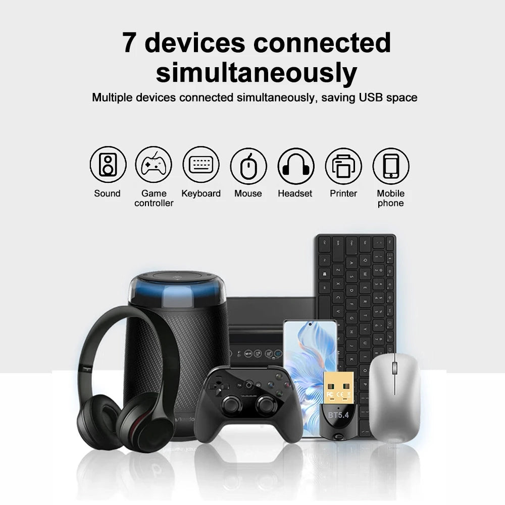 Colección de siete dispositivos conectados: auriculares, control de juego, teclado, ratón, auricular, impresora y móvil