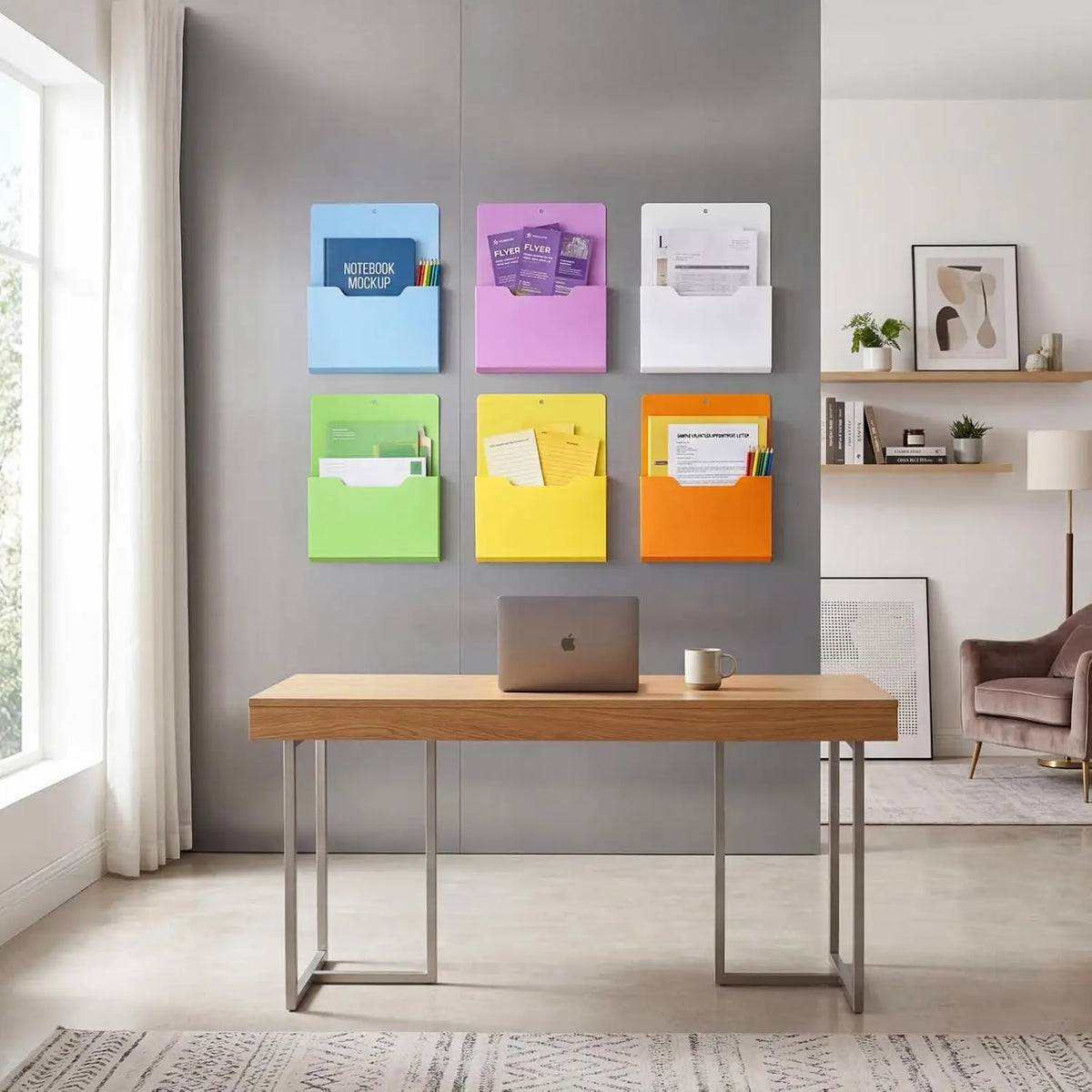 A wooden desk with a wall mount magnetic document file holder displaying colorful folders on a gray wall.