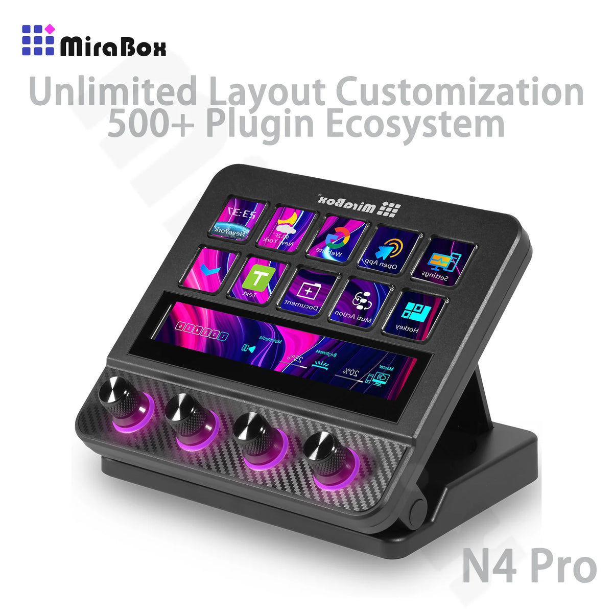 MiraBox N4 Pro Stream Deck Controller with 10 LCD keys and touch panel in black.