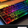 Close-up view of translucent cherry mechanical keyboard keycaps showing various RGB lighting colors.