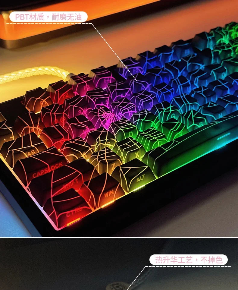 Close-up view of translucent cherry mechanical keyboard keycaps showing various RGB lighting colors.
