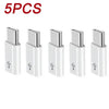 Five white USB Type-C to Micro USB adapter converters displayed side by side.