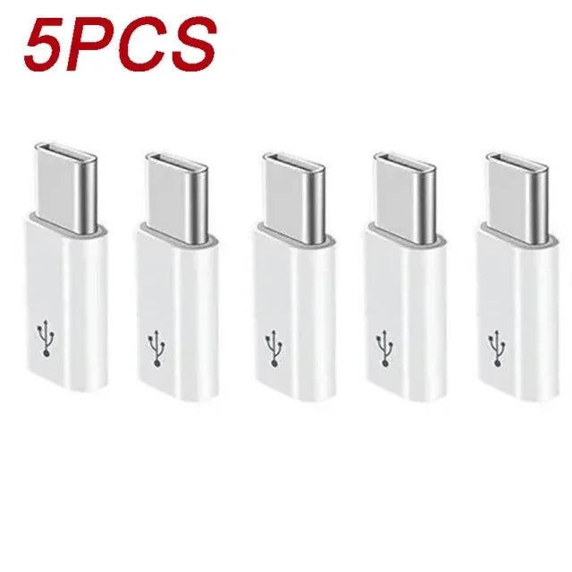 Five white USB Type-C to Micro USB adapter converters displayed side by side.
