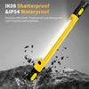 A yellow magnetic rechargeable LED work light is shown illuminating a rocky surface.
