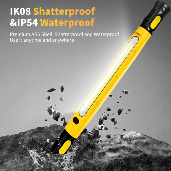 A yellow magnetic rechargeable LED work light is shown illuminating a rocky surface.