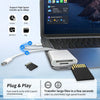 A 2-in-1 USB Lightning to SD/TF card reader is shown plugged into a laptop, demonstrating fast file transfer capabilities.