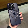 A hand holds a dark purple magnetic clear case with a silver finish for a MagSafe iPhone.