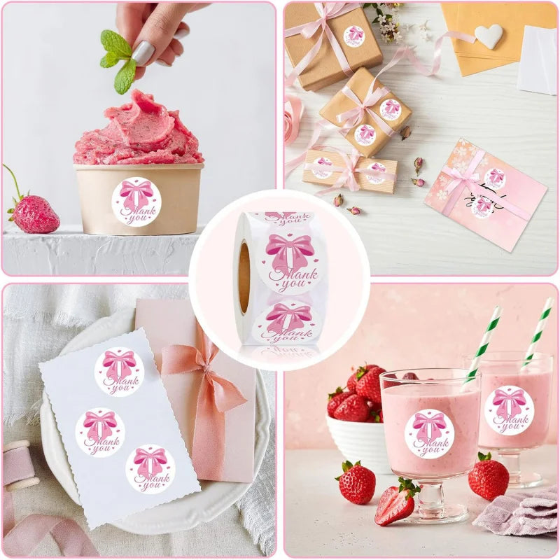 Pinke Schleiften-Dankessticker und Verpackung zum Scrapbooking mit Erdbeeren